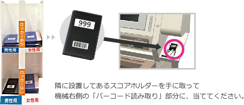 備え付けのスコアホルダーに付いているバーコードをバーコード読み取り部分にかざす 画像