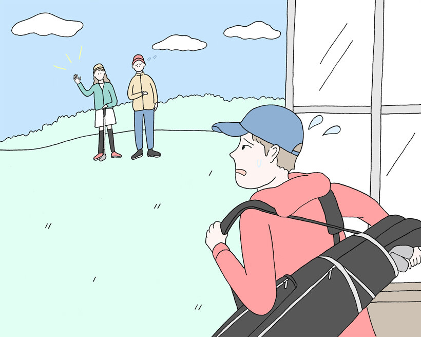 スタート時間ギリギリに到着するゴルファーのイラスト