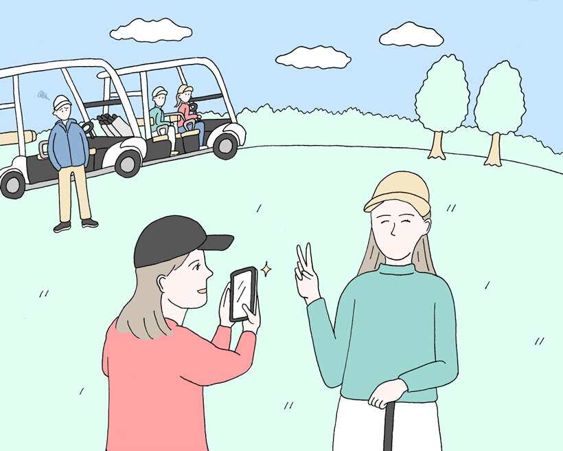 写真撮影でプレーを止めてしまうゴルファーのイラスト